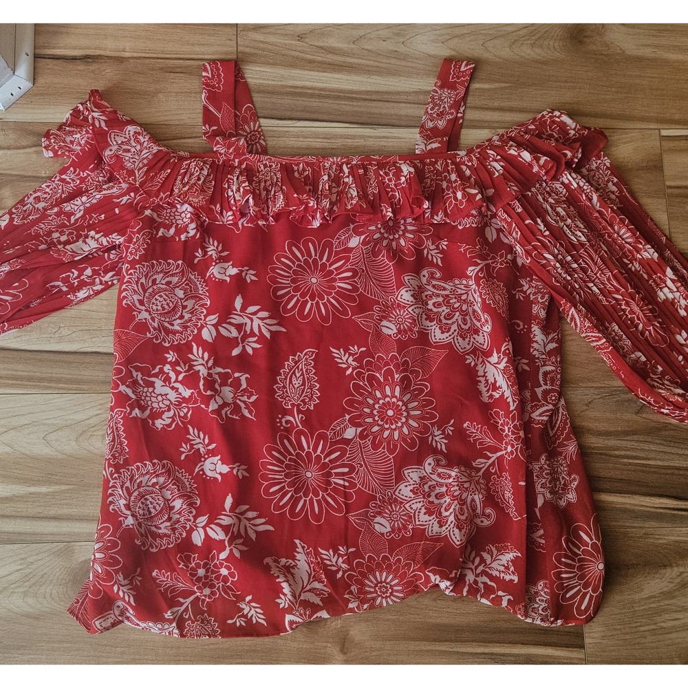 Roz & Ali‎ Large Red Floral Boho Bloomcore Off Shoulder Blouse